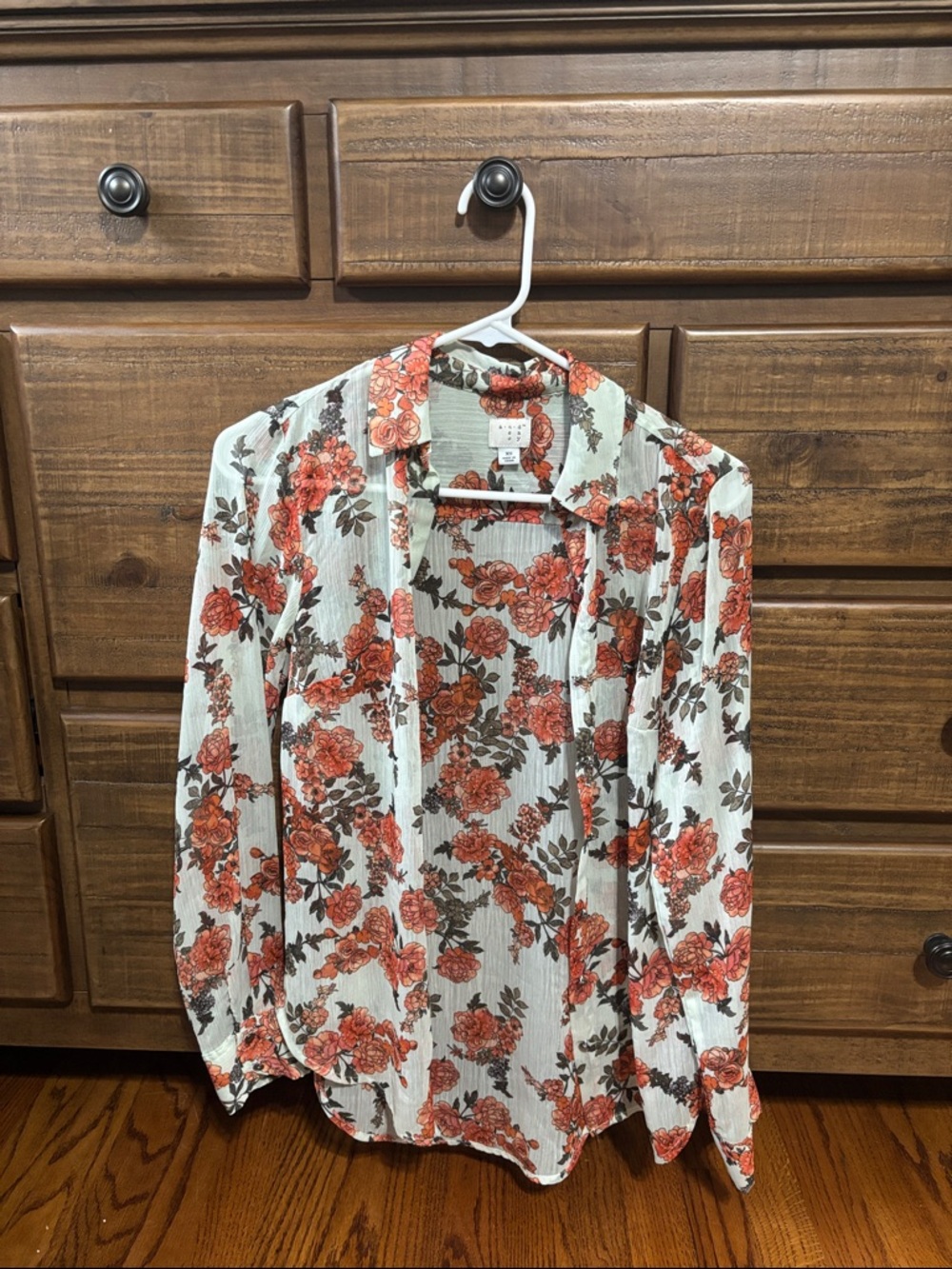 a new day White Floral Button Down Shirt with Orange Roses